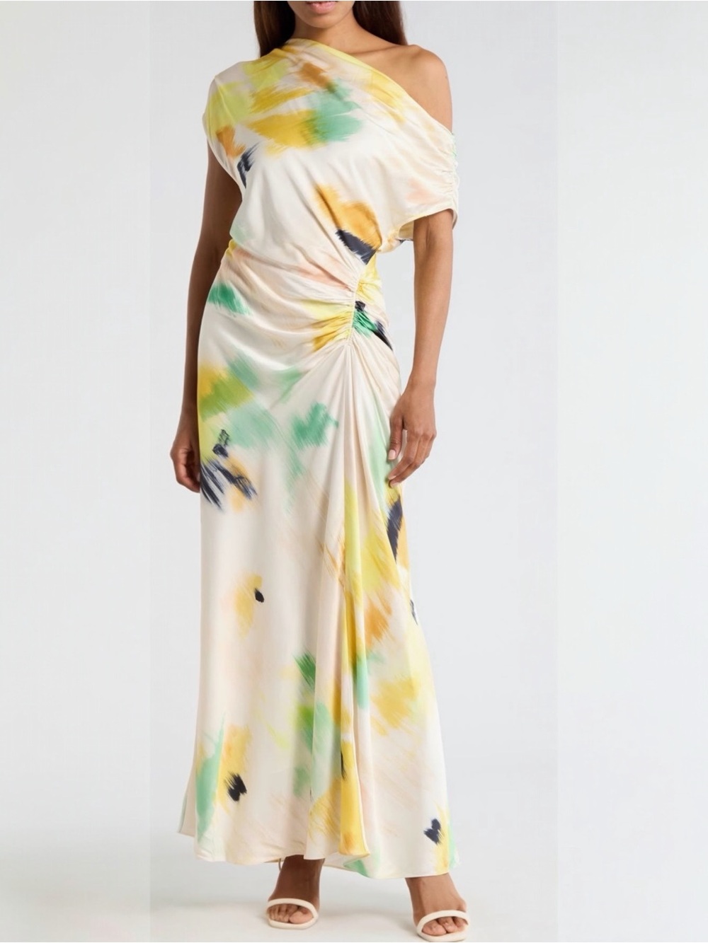 A.L.C. Penny Women’s Yellow Floral Satin Ruched Off-Shoulder Cocktail Maxi Dress - Picture 2 of 13